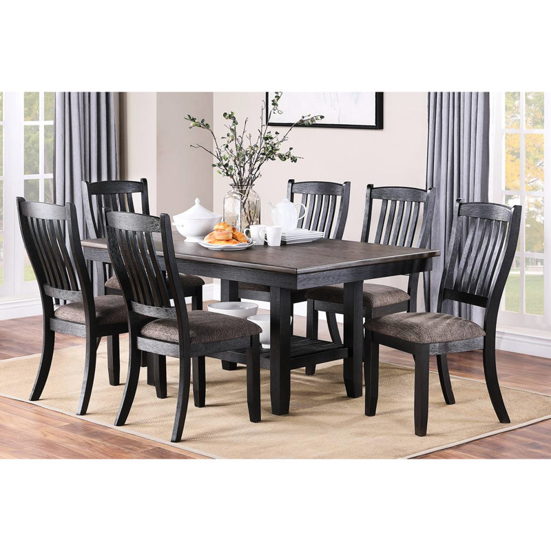 Salle à manger transitionnelle avec table basse foncée et 6 chaises rembourrées, bois d'hévéa, dossier à lattes 7 pièces