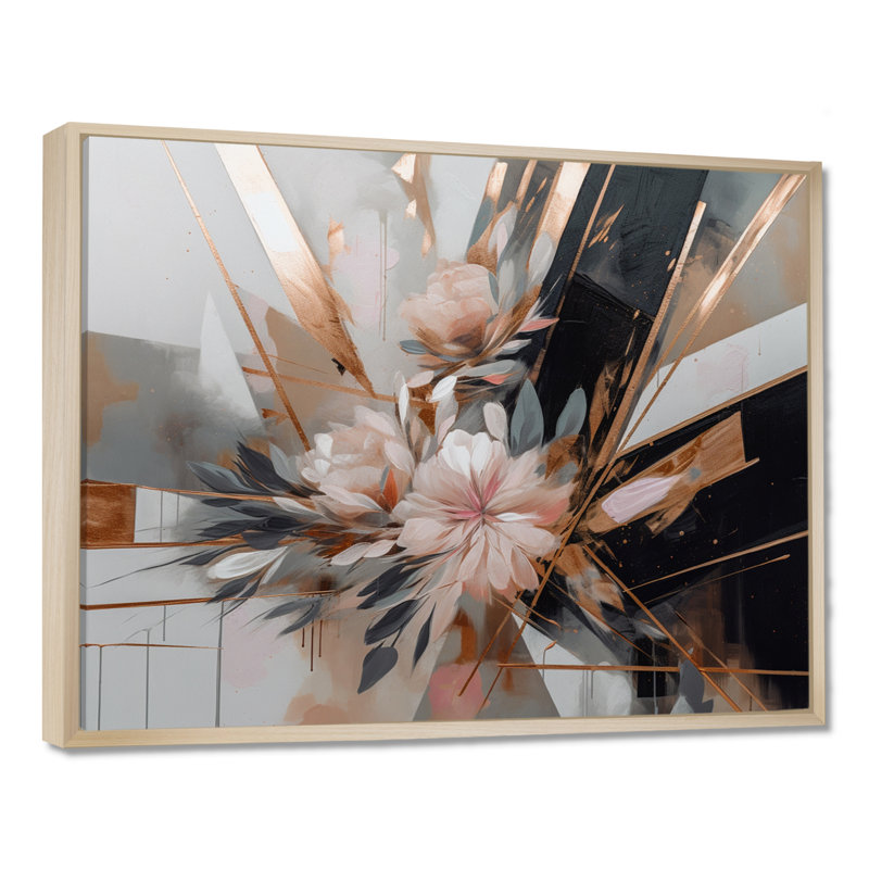 «Rose Gold Linear Floral Elegance II», art mural floral, H 24 po x l 32 po x P 1 po, Cadre flottant érable