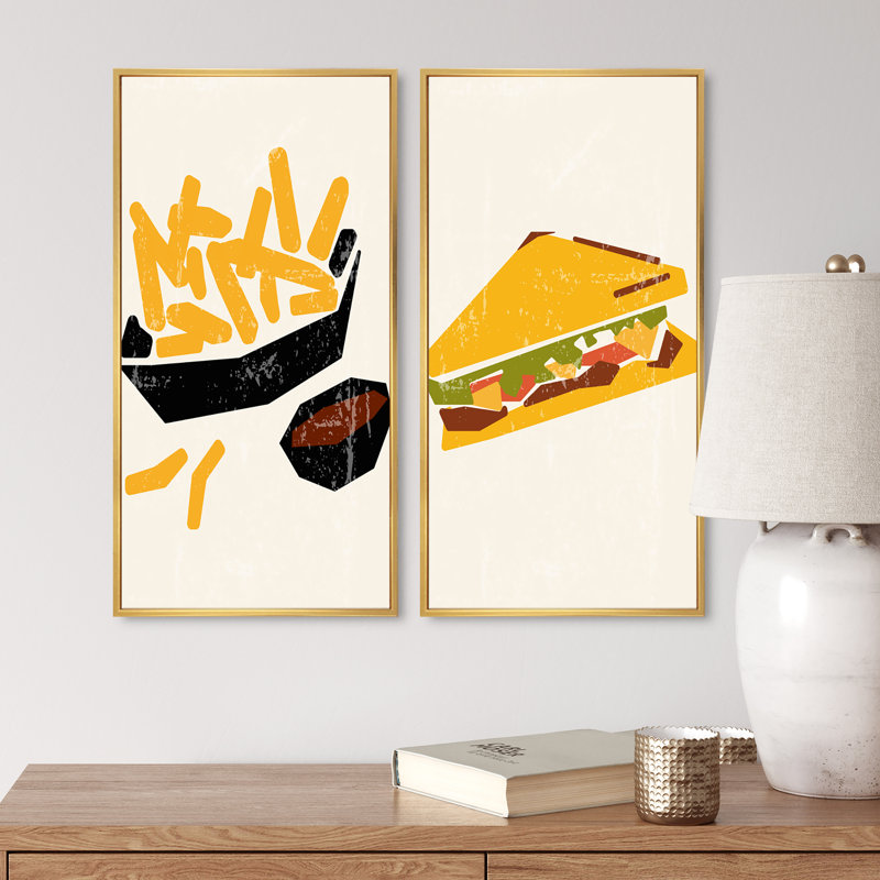 «Organic Vintage Hipster Fast Food IV», ensemble de 2 impressions, H 32 po x l 32 po x P 1 po, Toile avec cadre doré