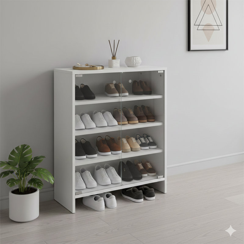 Stackable Shoe Display And Storage Box With RGB LED Lighting, Wooden Frame With Glass Door, Storage Bin Or Display Case For Sneakers (4-Tier Unit, Style 1)