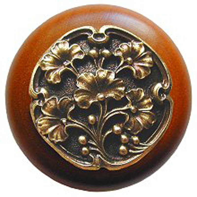 Poignée champignon 1,5 po de diamètre Leaves, Laiton antique / bois de cerisier