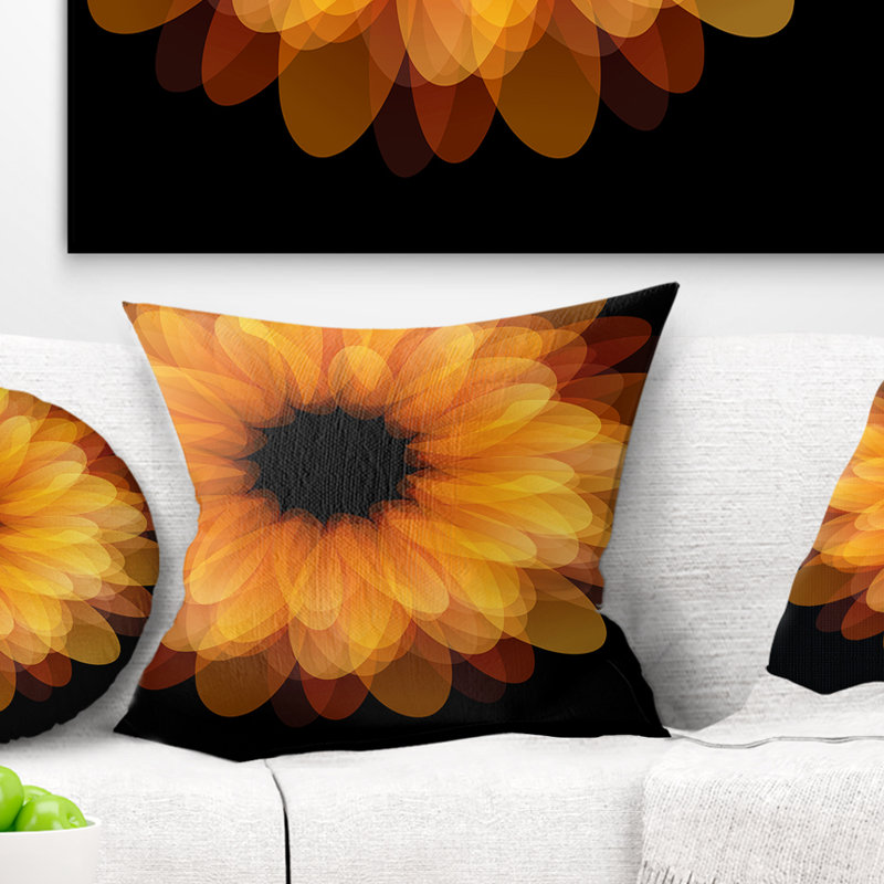 Pétales de fleurs fractales sur fond noir - imprimé floral, 16 po x 1 po, Coussin décoratif