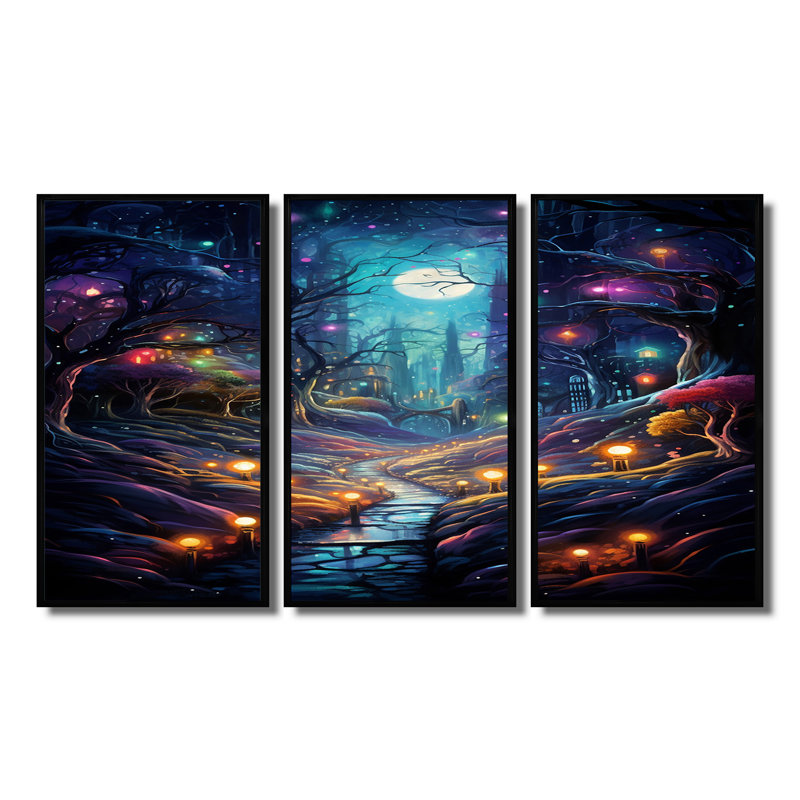 Ensemble de salon Fireflies In Enchanted Full Moon Forest - River Wall Art, H 28 po x l 36 po x P 1 po, Cadre flottant noir