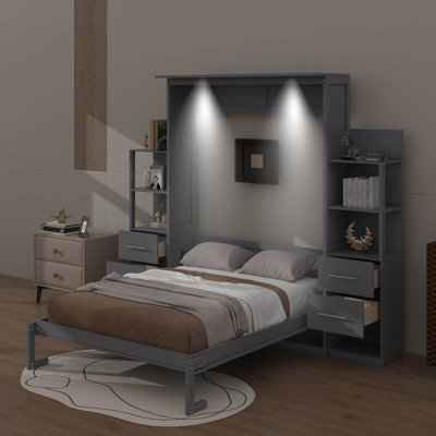 Grand lit escamotable avec tablettes, tiroirs et DEL