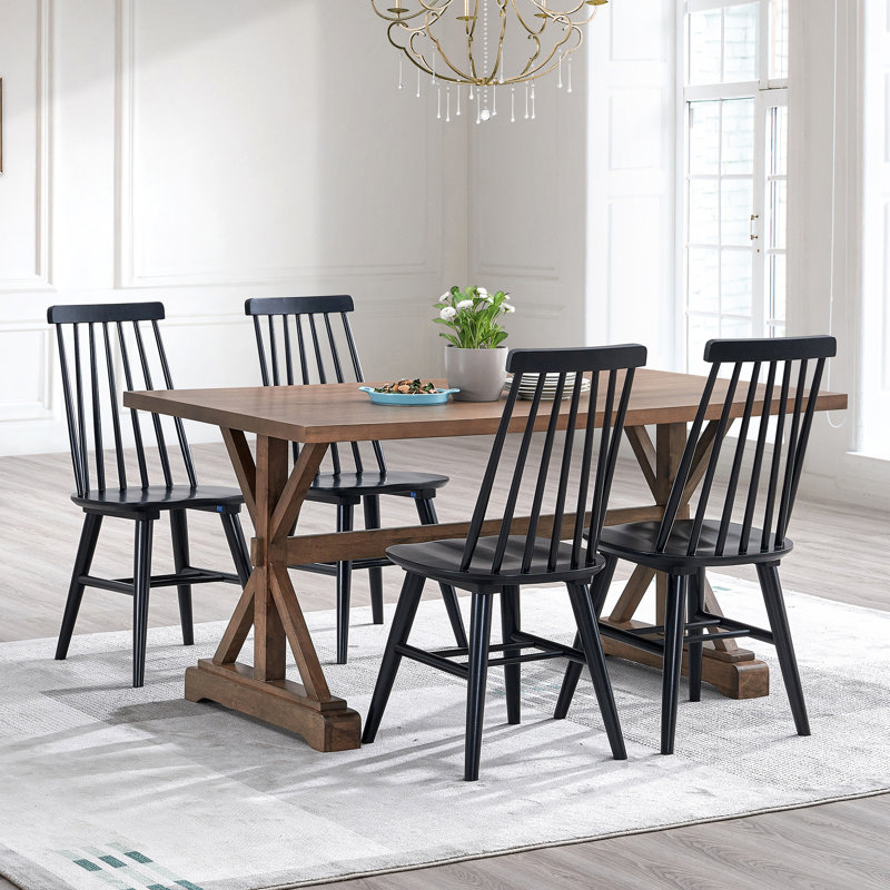 Alvie 17" Wide Modern Farmhouse Windsor Back Solid Wood Dining Chairs, Black