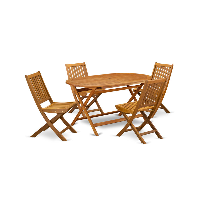 5 Piece Patio Garden Table Set Includes an Oval Outdoor Acacia Wood Dining Table and 4 Folding Side Chairs, 36x60 Inch, Natural Oil