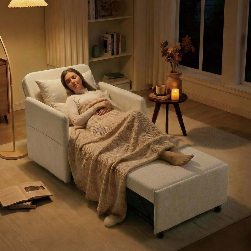  87'L 3-In-1 Convertible Chair Linen Sleeper with Adjustable Backrest and Storage Bag Set Of 2, Beige Linen