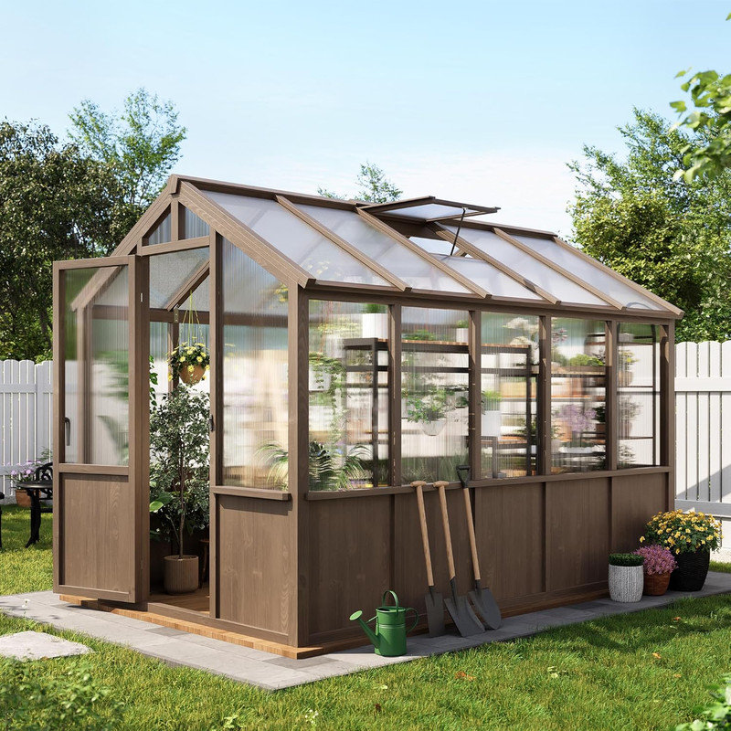 6x12 FT Large Wooden Greenhouse, Heavy Duty Spruce Frame with PC Panels, Adjustable Roof Vents & Lockable Door for Garden