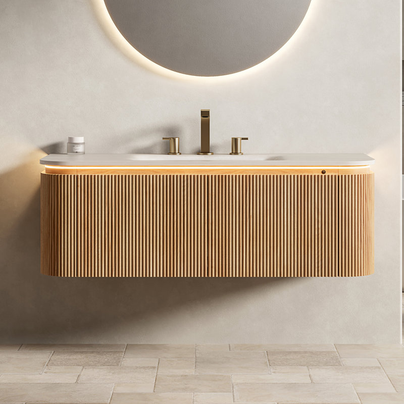Meuble-lavabo flottant 48 po avec lavabo, armoire cannelée à grain de bois naturel, lumière DEL à capteur automatique, lavabo intégré courbé en pierre frittée Travertine, tiroirs à fermeture en douceur, armoire de salle de bain murale