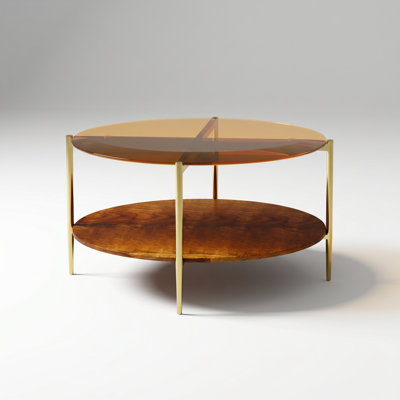 Mid-Century Modern Round Coffee Table with Glass Top, Lower Wooden Storage Shelf, Sturdy Metal Frame, Space-Saving Design, Dual-Layer Storage, Suitable for Compact Apartments, Large Living Rooms