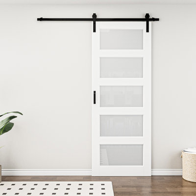 96''H 5-Lite Glass and Wood Paneled White Primer Sliding Barn Door with Installation Hardware Kit (No Assemble Reqiured)