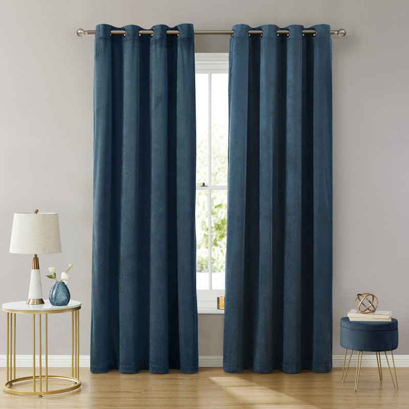 Pleze Velvet Semi Sheer Curtain Pair, 54" W x 84" L, Teal Blue