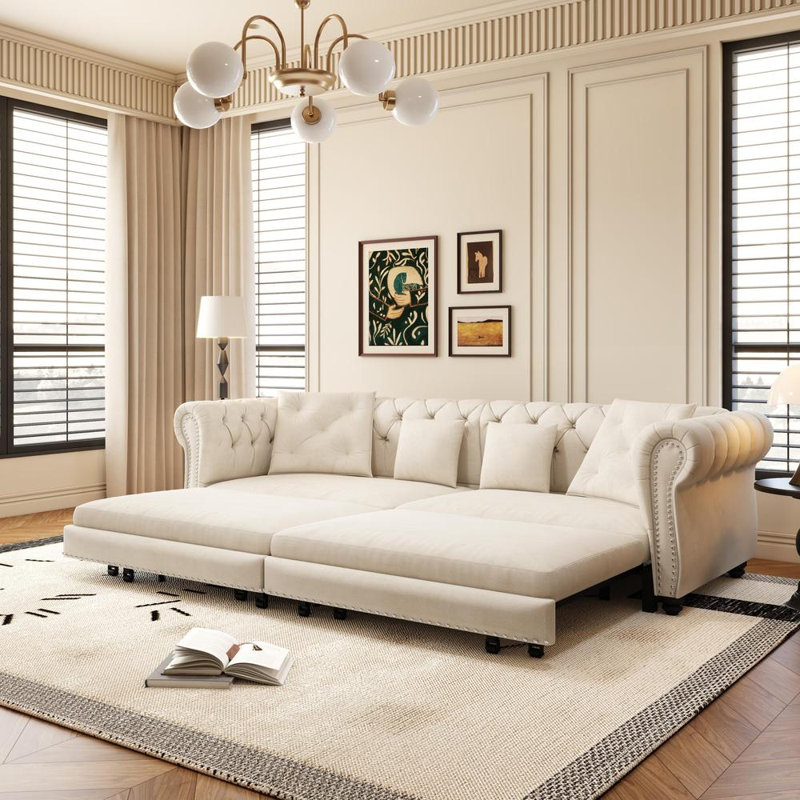 89" Wide Pull Out Sofa Bed, Beige Velvet