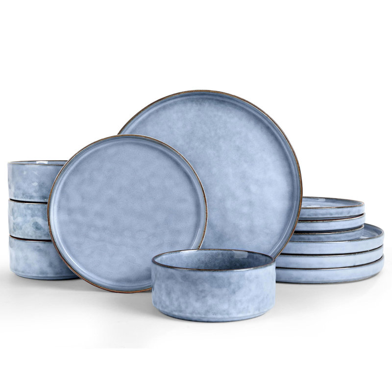 Usha Stoneware Dinnerware Set 12 Piece - Service for 4, Haze Blue