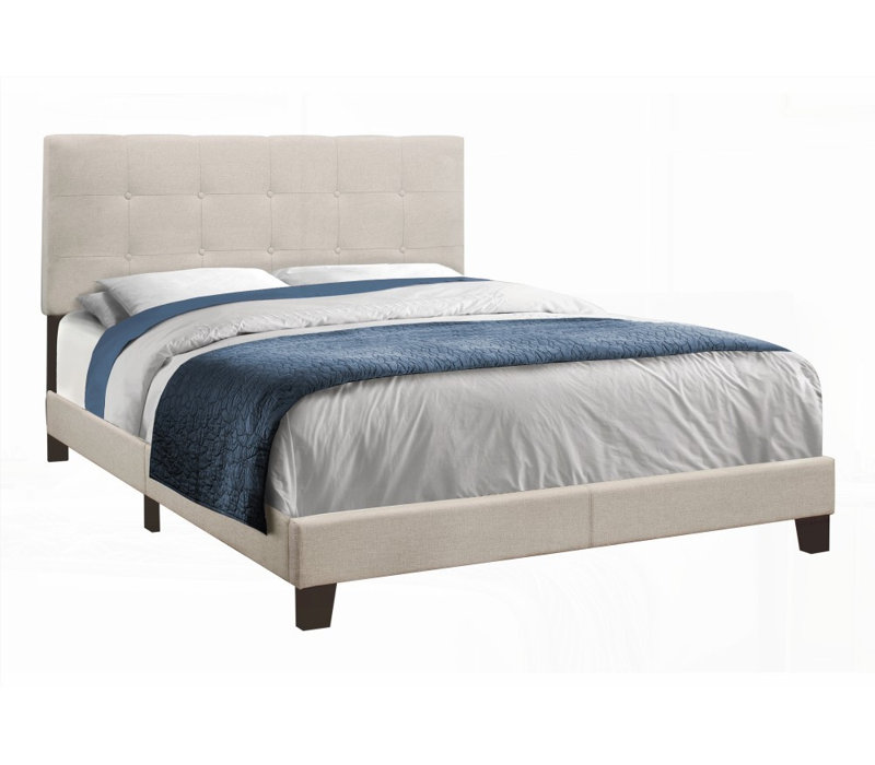 Structure de lit grand format avec pieds en bois noir, aspect lin beige, pas de sommier tapissier, fabrication robuste