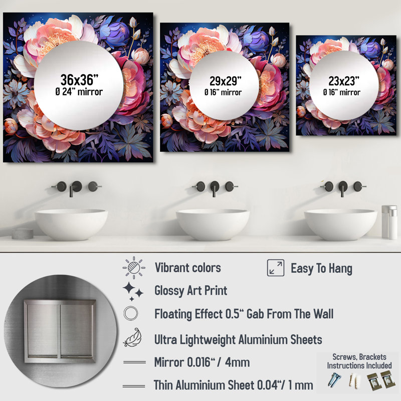 Rose pivoines Serenade I - miroir mural floral carré pour salle de bain, 23 po x 23 po