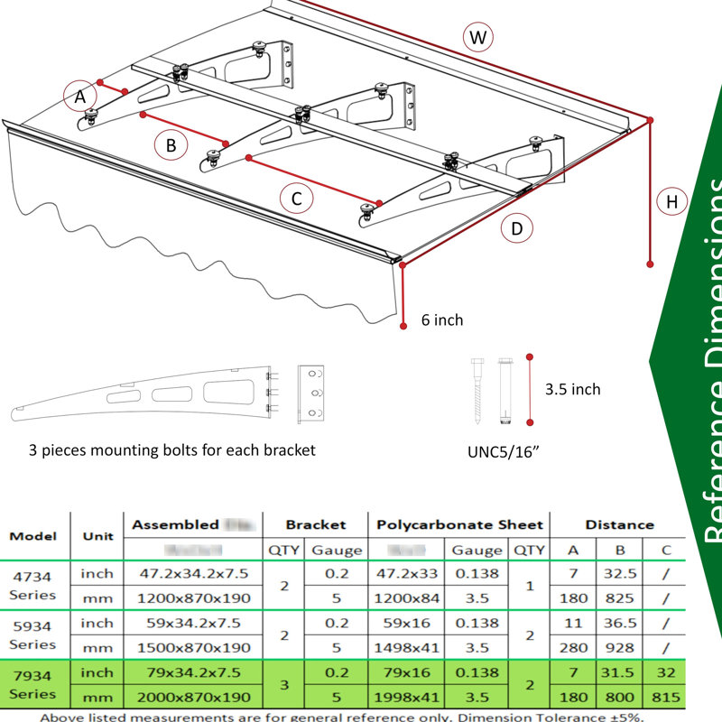 79" X 34" Window Awnings Canopy, Polycarbonate Sheet, Aluminum Alloy Bracket For Wooden Wall, & Functional Door Entrance Awning With 0.137" Thick Sheet And House