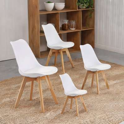 White Faux Leather Side Chair Set of 4 for Kitchen Dining, Medieval Modern Style with Solid Wood Legs
