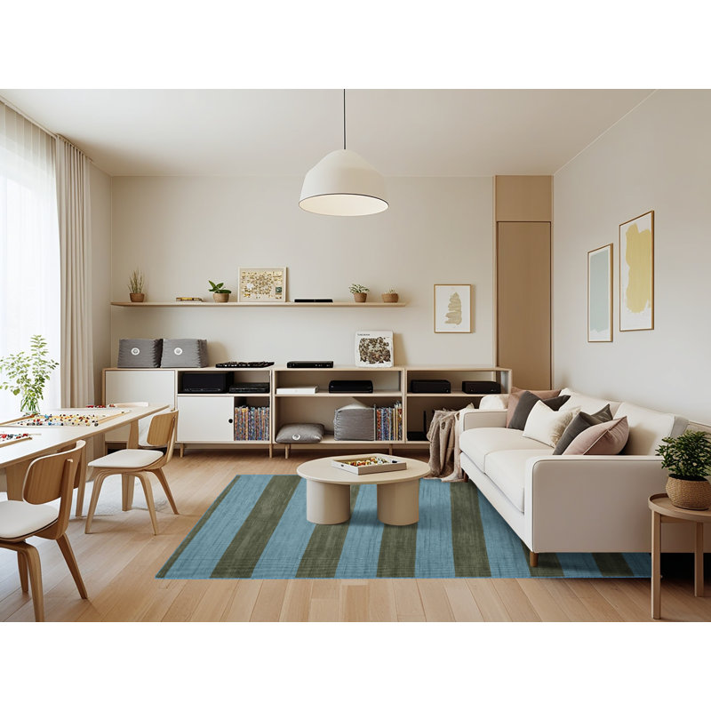 Tapis bleu à rayures horizontales lavable à la machine, Rectangle 7 pi x 9 pi