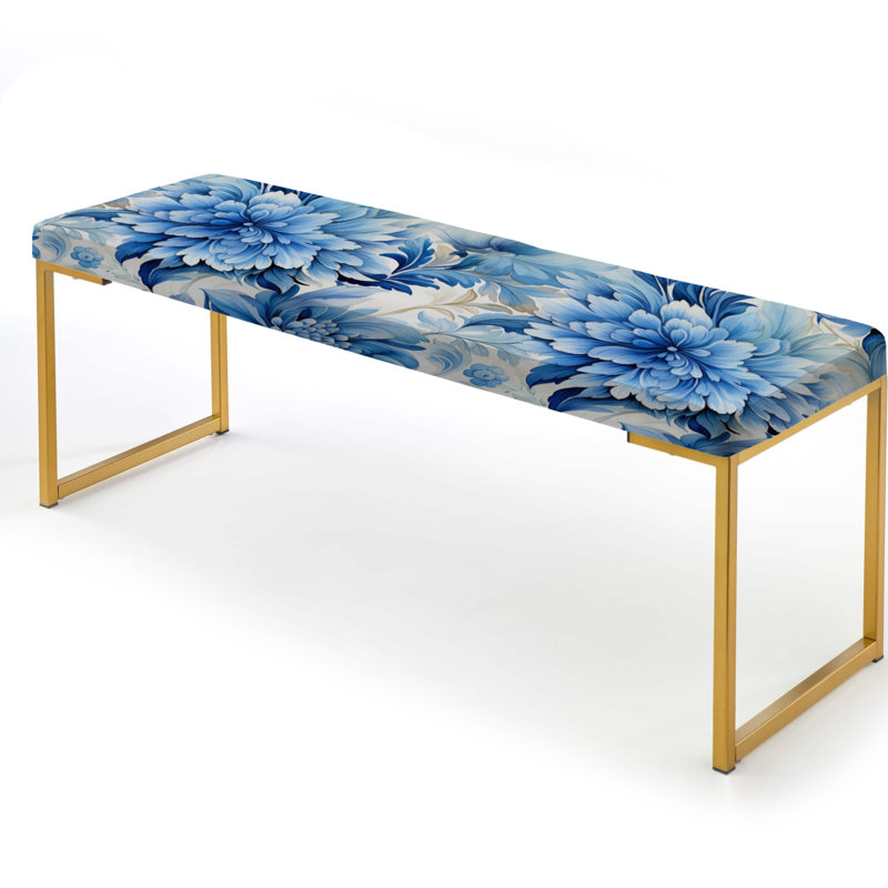 Blue Watercolor Damask Dahlia Mirage - Floral Upholstered Gold Bench