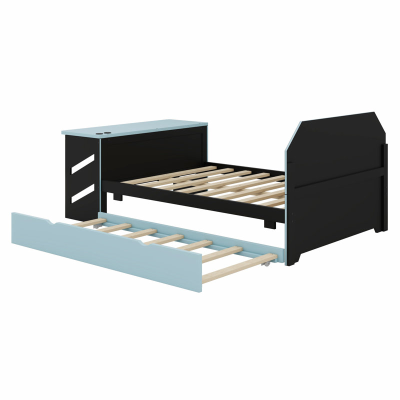 Lit de jour en bois avec couchette, bureau et port USB, Bleu nuage / noir