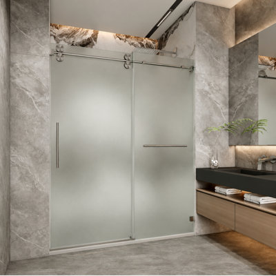 Sola 57"-61" W X 72" H Frameless Single Sliding Shower Door(Right Opening) With 3/8"(10mm) SGCC Certified Frosted Glass In Brushed Nickel, With Towel Bar