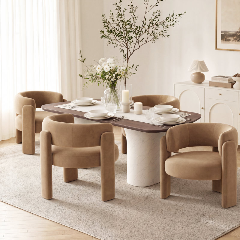 Modern Upholstered Barrel Dining Armchair, Khaki