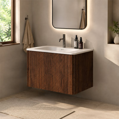 Meuble-lavabo suspendu Etna de 24 po, armoire en noyer rayé avec lavabo intégré en surface solide blanche, préassemblé pour les petites salles de bain modernes