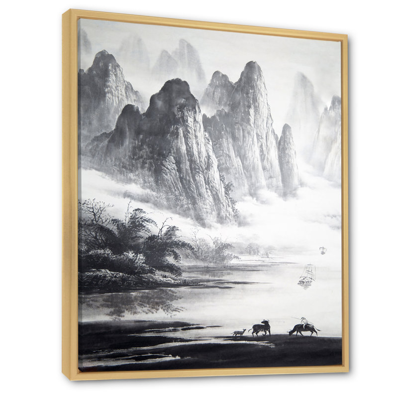 Peinture traditionnelle chinoise, paysage, H 12 po x l 8 po, Toile naturelle avec cadre flottant