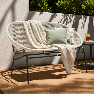 Outdoor Patio Wicker Loveseat With Iron Frame, Curved 2-Seater Lounge Bench