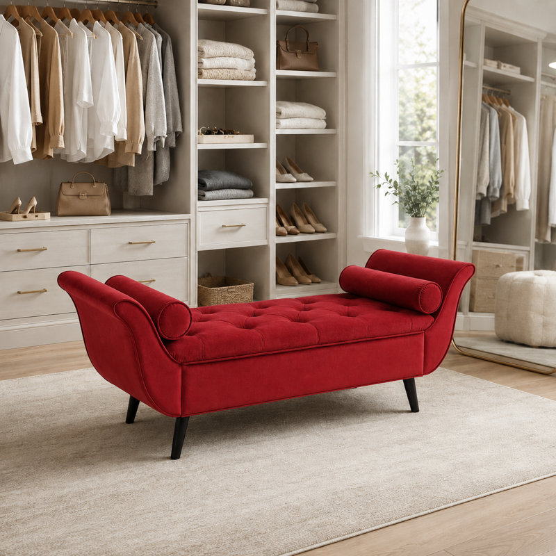 Velvet Upholstered Storage Bench, Red