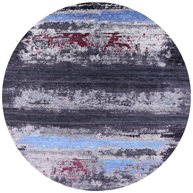 Tapis abstrait gris / rouge / bleu Buncombe, Rond 6 pi