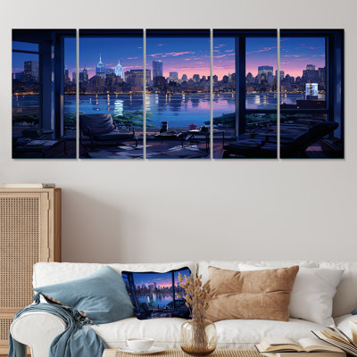 Blue Nyc At Night Window View III - New York City 5 Piece Wall Art Decor