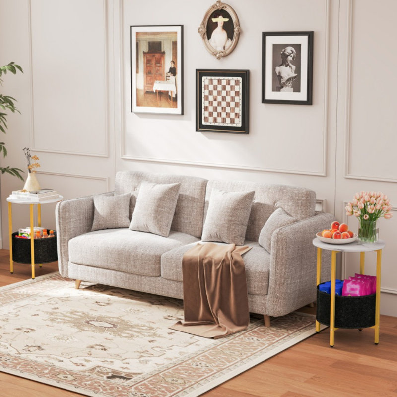 Table d'appoint ronde à 2 niveaux avec panier en tissu amovible et structure en métal