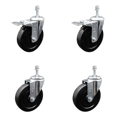5 Inch SS Soft Rubber 3/8 Inch Threaded Stem Caster Set 2 Total Lock Brake SCC