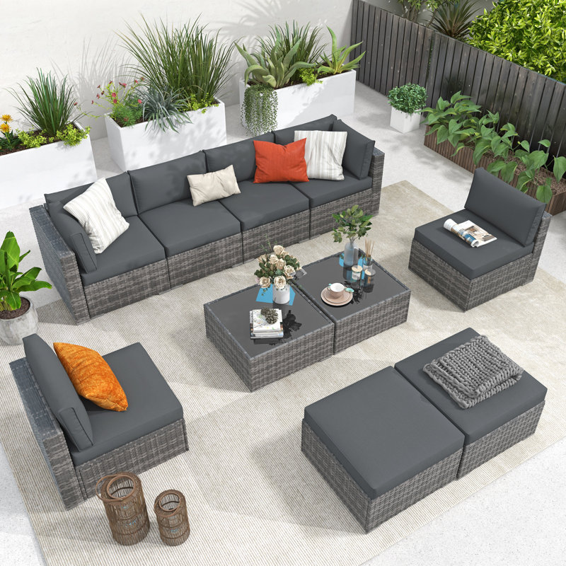 Ensemble de conversation modulaire en rotin 10 pièces avec coussins, Structure grise / coussin gris foncé