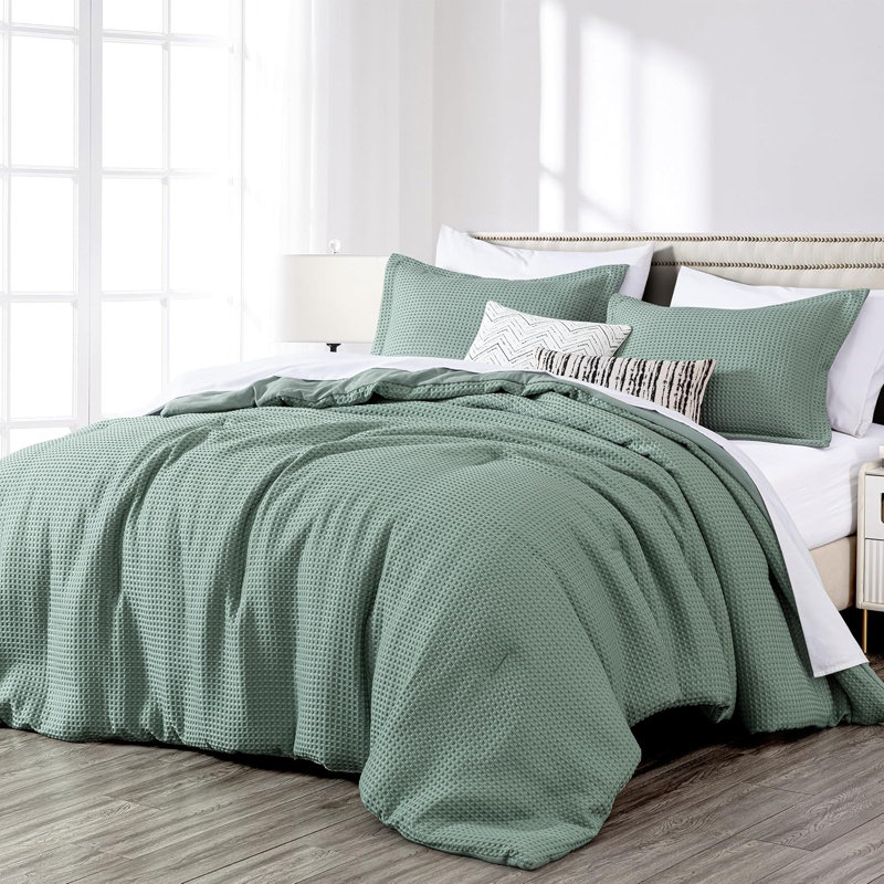 Wilmer Waffle Weave Textured Comforter Set, Queen Comforter + 2 Standard Shams, Sage Green