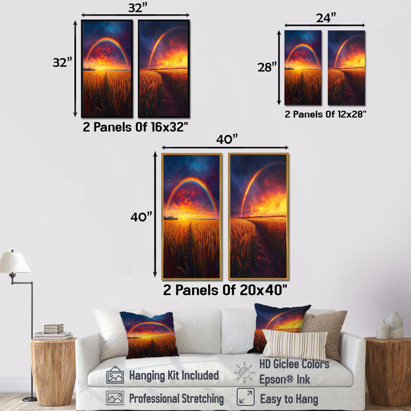 Rainbow Over The Wheat Fields At Sunset I - Collection d'art sur toile 2 panneaux, H 28 po x l 25 po, Toile tendue