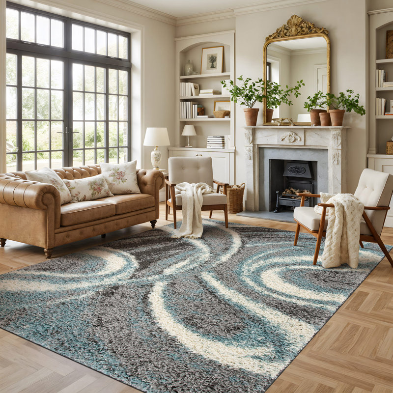 Farmerville Abstract Blue/Gray/Ivory Shag Area Rug, Rectangle 7'10" x 10'