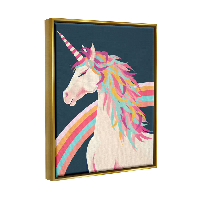 Licorne crinière arc-en-ciel par Ziwei Li, H 31 po x l 25 po x P 1,7 po, Cadre flottant métallique doré