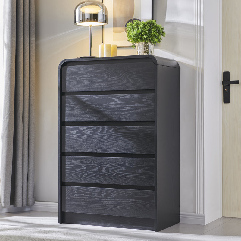 Maud Modern 5 Drawers Dresser for Bedroom, 45" Tall Dressers & Chests of Drawers w/Curved Profile Design, Black