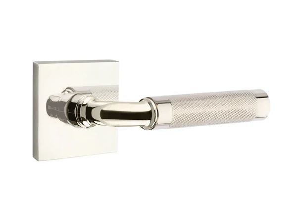 Mortaise intérieure Emtek Select avec rosette carrée et tige R-Bar, levier moleté, Gauche, Nickel poli