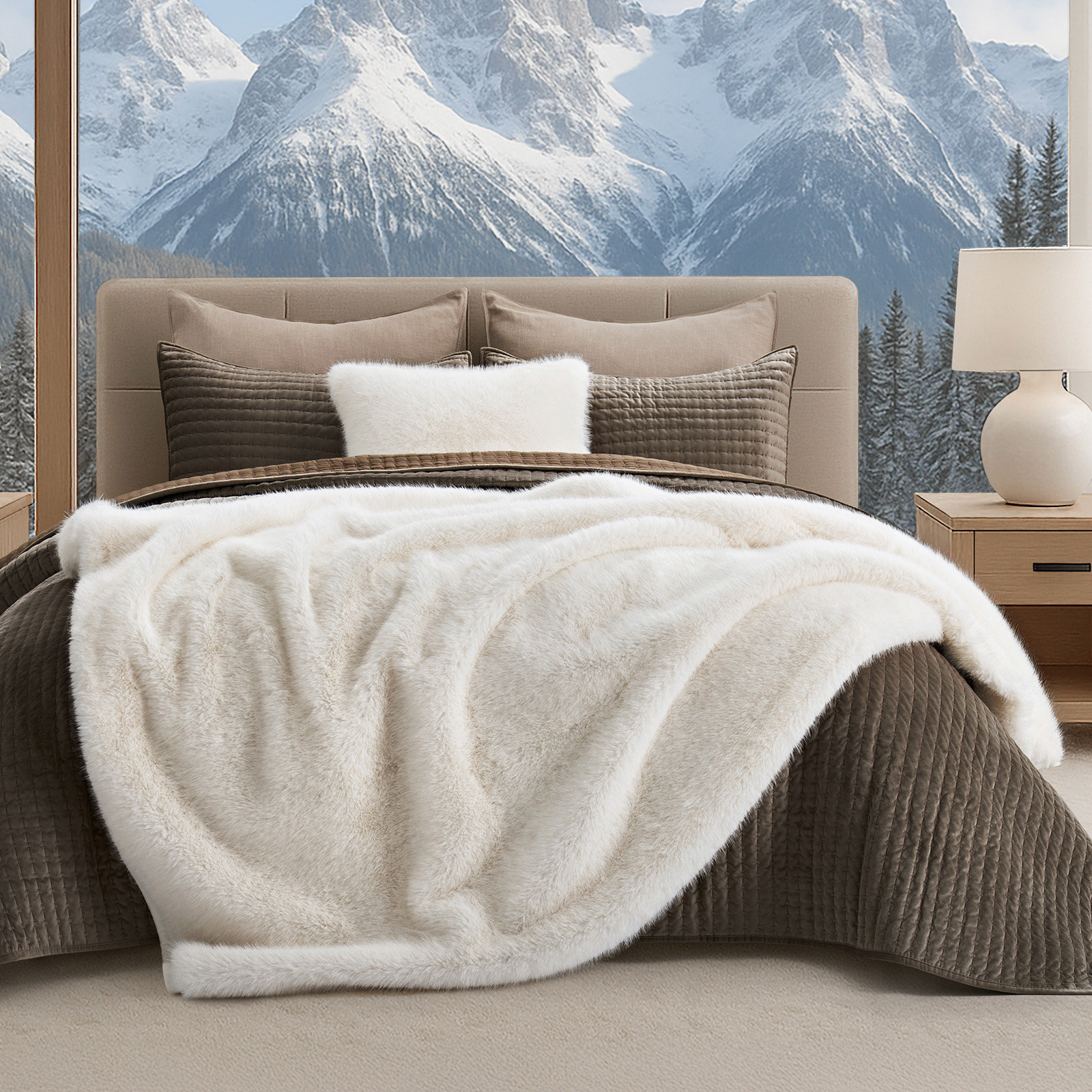 Luxe Faux Fur Throw Blanket, Ivory Mink, Throw