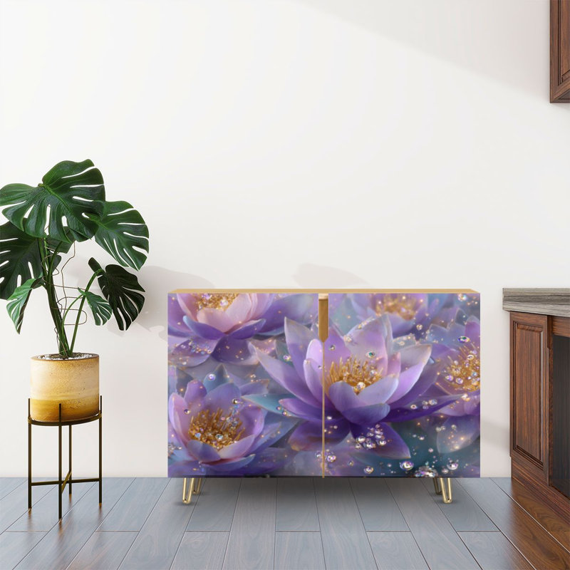 Buffet Buffet avec rangement Fleurs de lotus mauves aux accents de cristal élégants avec 2 portes pour le salon et la cuisine