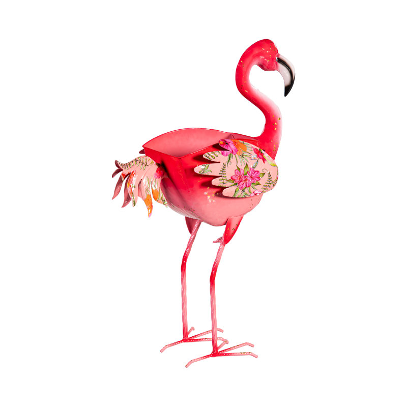 Metal Floral Flamingo Statue Planter, 24in