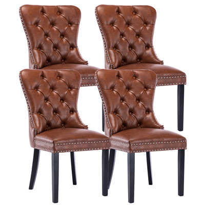Ensemble de 4 chaises de salle à manger rembourrées modernes en similicuir de style Mid-Century capitonnées avec dossier à anneaux Chaises d'appoint confortables avec garniture cloutée