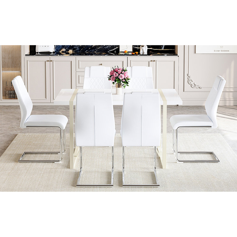Table et chaise de salle à manger de style crème blanc avec structure en métal 6, Blanc / argenté