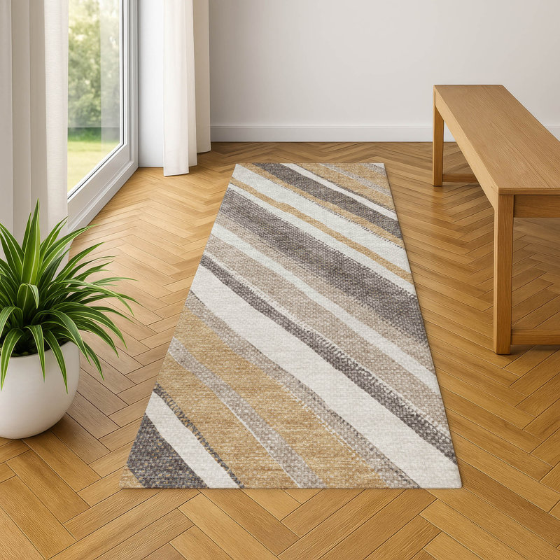 Premium Machine Washable Mayfield AMF2282 Striped Rug, Gold, 2'3" x 7'6" Runner