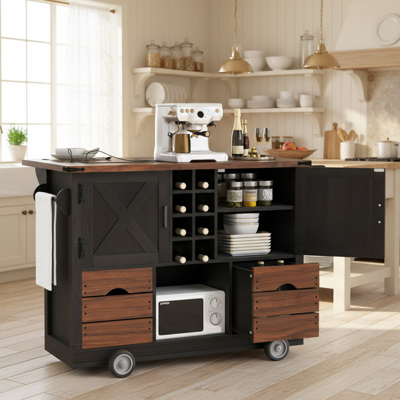 54" Farmhouse Rolling Kitchen Island with Drop Leaf - Power Outlet, 2-Door Storage Cart, 2 Drawers, 4 Large Wheels, Spice Rack for Kitchen & Dining Room, Black