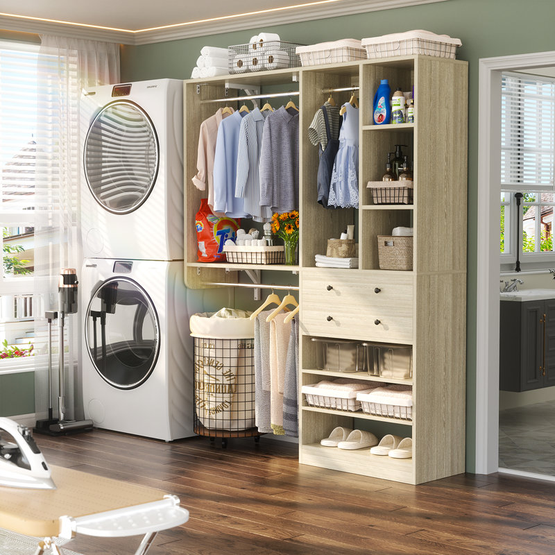 Navada Closet System with Wooden Drawers and Two Hanging Rods, Washed Oak